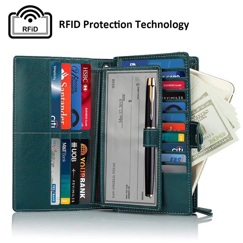 FT FUNTOR Women's Big Fat RFID Blocking Wallet Leather Zip Around Clutch Large Purse Phone Organizer Wristlet green - Image 2